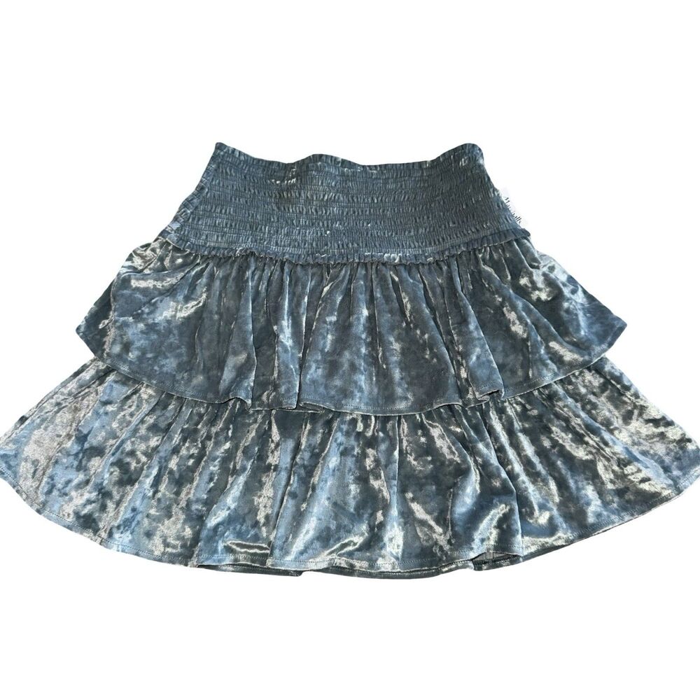NWT Aerie Velvet Ruffled Mini Skirt XS Blue Summer Soft Smocked‎ Waist Tiered